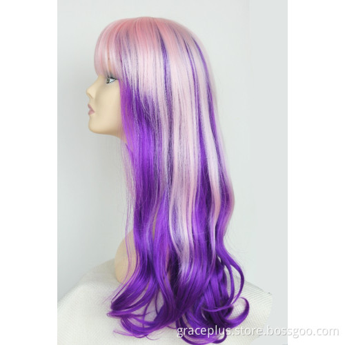 cheap synthetic hair cosplay wig factory price, violet purple with pink ombre wigs